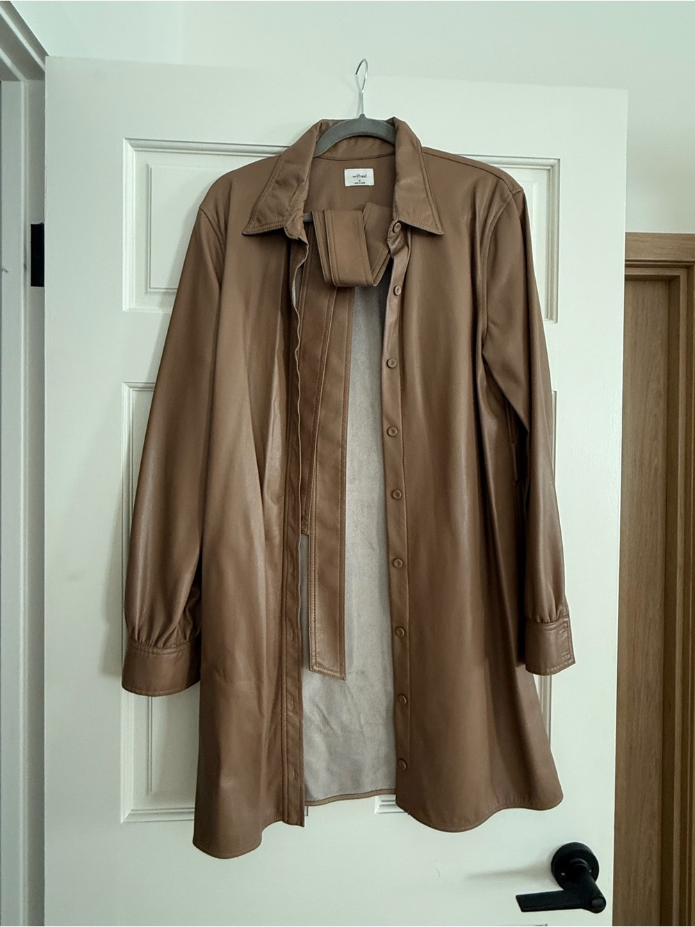 Aritzia Brown Faux Leather Button-Down Coat with Tie